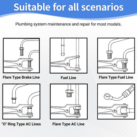 7-piece fluid line stopper set with hose clamp pliers for brake, fuel, and AC lines (flare, O-ring, banjo).