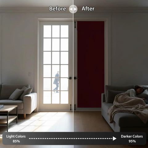 Easy Install Front Door Sidelight Curtain, No Drill Privacy Window Cover, Thermal Insulation For Patio Glass Doors, 12 Inch By 69 Inch Red, 1 Panel Full Kit With Adhesive Straps And Manual, Quick Mess Free Setup shown installed blocking light