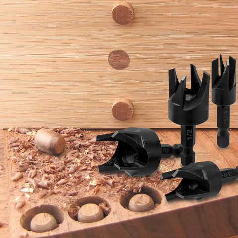 Eight Piece Wood Plug Cutter Set Hex Shank Straight Tapered Drill Bits with wood plugs and shavings on wood surface.