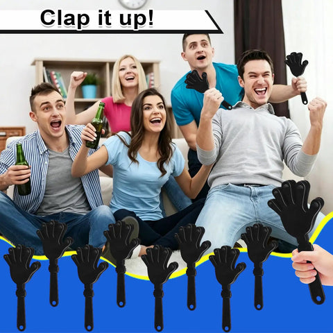 Group of excited friends using 8 Pack 7.5 Inch Plastic Hand Clappers Noisemakers For Cheering And Crowd Energy Totally Lit Party Favors