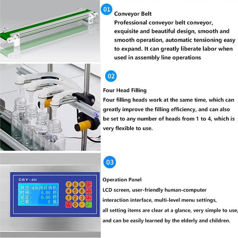Desktop Automatic Liquid Filler Machine With Belt Conveyor, 4 Nozzle Digital Control System showing conveyor, filling heads, and operation panel.