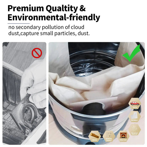 Three Pack Five To Eight Gallon Vacuum Filter Bags Type E and Type H in stainless steel vacuum drum, showing installation.