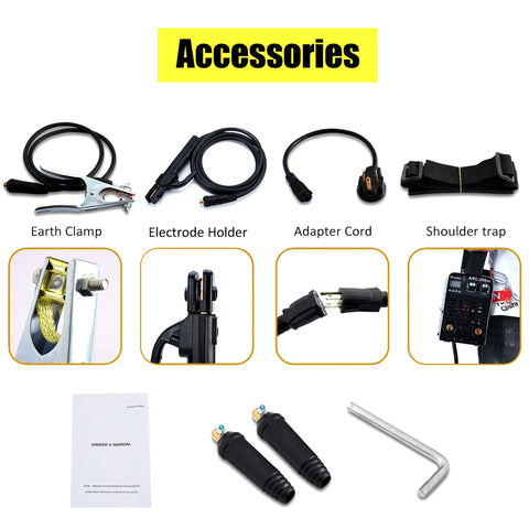 Accessories for Ultra Portable 110V Mini Stick Welder including earth clamp, electrode holder, adapter cord, and shoulder strap.