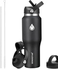 Smooth Operator 40oz Stainless Steel Vacuum Insulated Water Bottle With Straw And Spout Lids, black with accessories