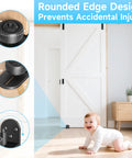 Two Pack Sliding Barn Door Floor Guide Set With Adjustable Rubber Rollers, Flush Flat Bottom And Round Edge Design, Four Setup Options, Quiet Bearing, Rustproof Aluminum Alloy Construction For Smooth Quiet Door Operation installed with child safety in room.