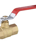 Close-up of Pack Of 10 Heavy Duty Brass Ball Valve One Half Inch Full Port FNPT FIP Threaded 600 WOG with red vinyl grip handle