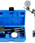 Front view of DASBET 110-lb magnetic base kit in blue carry case with fine-adjust dial indicator and accessories