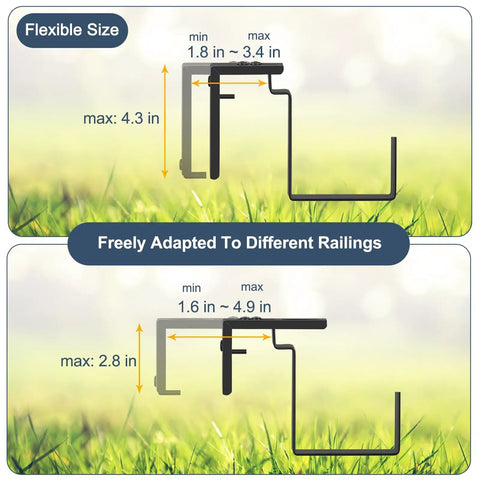 Diagram showing adjustable brackets for Four Pack Window Box Planters With Easy Install Adjustable Brackets For Porch Deck Railings.
