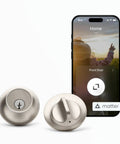 Worlds Smallest Smart Lock With Built In Matter And Bluetooth Hiding Tech Inside Your Door For Sleek Security No Brainer Works With Apple Home Google Home Alexa And SmartThings Satin Nickel Finish Easy iOS And Android App Control, shown with front and back view of lock and smartphone app