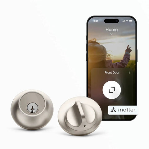 Worlds Smallest Smart Lock With Built In Matter And Bluetooth Hiding Tech Inside Your Door For Sleek Security No Brainer Works With Apple Home Google Home Alexa And SmartThings Satin Nickel Finish Easy iOS And Android App Control, shown with front and back view of lock and smartphone app