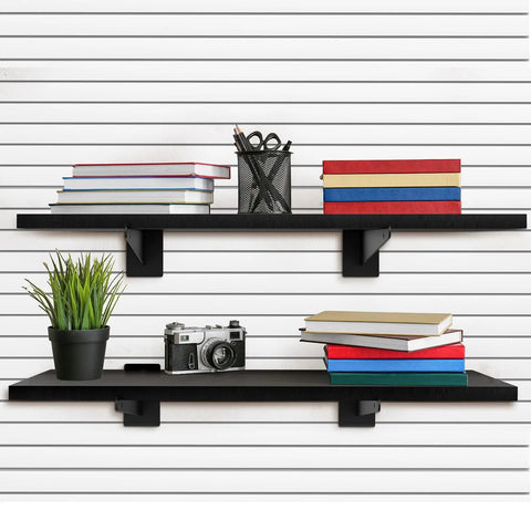 Six Pack Wooden Slatwall Shelves With Heavy Duty Metal Brackets For Home And Garage Organization, 24 By 12 Inch Slat Wall Storage, Space Saving Wall Shelves Kit showing two black shelves with books and decor