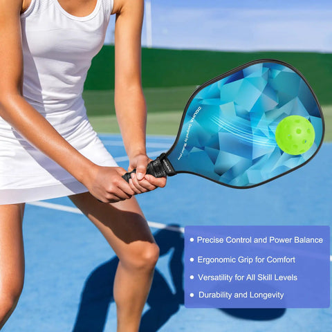 Player on court with Lightweight Pickleball Paddles Set Of 4 With 4 Balls 4 Cooling Towels And Bag Premium Wood Core Rackets