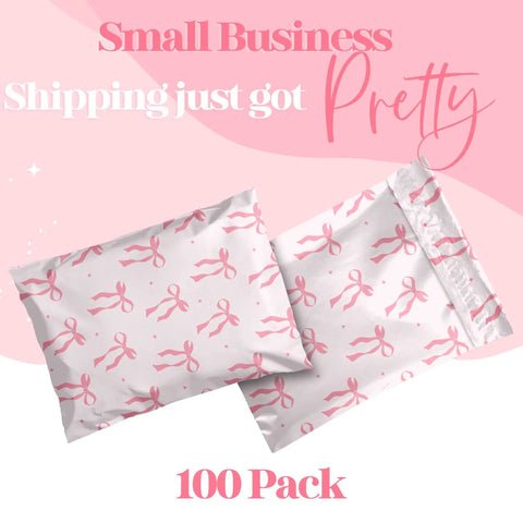 Designer Poly Mailers 6x9 Inch 100 Pack Heavy Duty Waterproof Self Seal Shipping Bags For Small Businesses with pink ribbon design