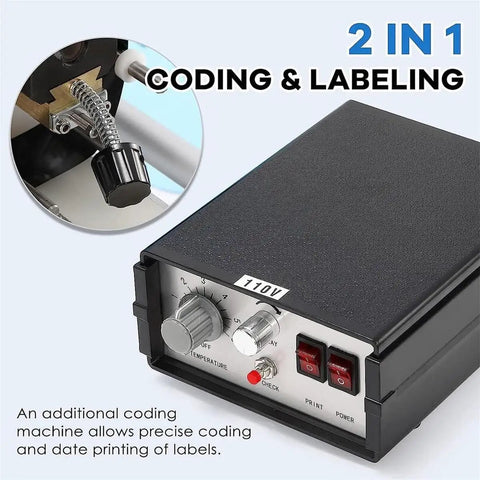 No Sweat Semi Auto Round Bottle Labeler With Inline Date Coder For Plastic Jars Cosmetic Tubs And Glass Jug Shakers control panel for coding and labeling