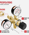 Front view of RX WELD argon regulator with brass body, dual gauges, CGA580 inlet, black adjustment knob.