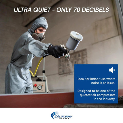 Smooth Operator 2.0 Hp Oil Free Air Compressor With Whisper Quiet 70 Db Motor And Low Maintenance 5 Gallon Steel Tank being used for indoor spraying.