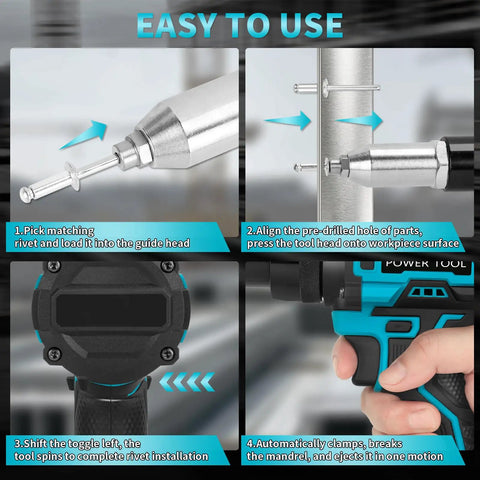 Instructions for using Tough As Nails Brushless Cordless Rivet Gun for quick aluminum fastening.