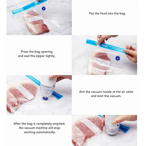 Steps of using Compact Electric Vacuum Storage Bag Set For Travel With Rapid Compression Pump And Turbo Valve for sealing meat