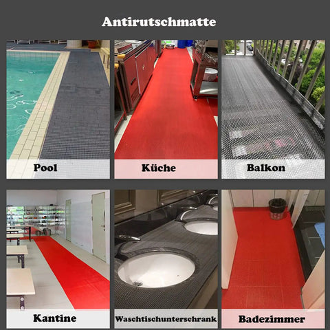 Grippy Non Slip 3x10 Ft PVC Wet Floor Mat With Drainage For Indoor Outdoor Use Ideal For Restaurants Kitchens Bars And Pool Areas Durable Odorless Anti Slip Matting In Grey shown in various settings.
