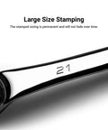 Close-up of 21 mm wrench from Deep Offset 75 Degree Double Box End Wrench Set 6 To 24 Mm Metric 10 Piece with permanent stamping