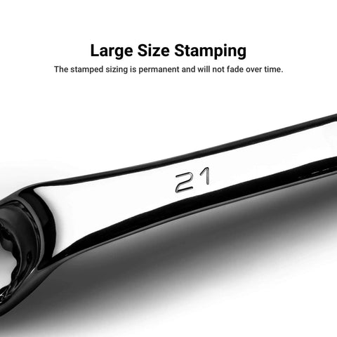 Close-up of 21 mm wrench from Deep Offset 75 Degree Double Box End Wrench Set 6 To 24 Mm Metric 10 Piece with permanent stamping