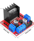 Dual H Bridge Motor Driver Board Kit for Arduino, compact red PCB with screw terminals, 43x43mm size, 27mm height.