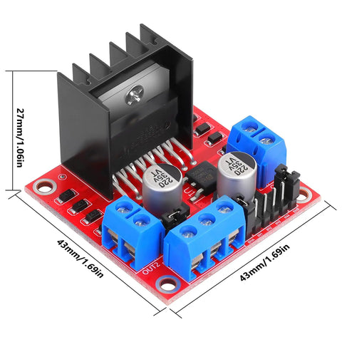 Dual H Bridge Motor Driver Board Kit for Arduino, compact red PCB with screw terminals, 43x43mm size, 27mm height.