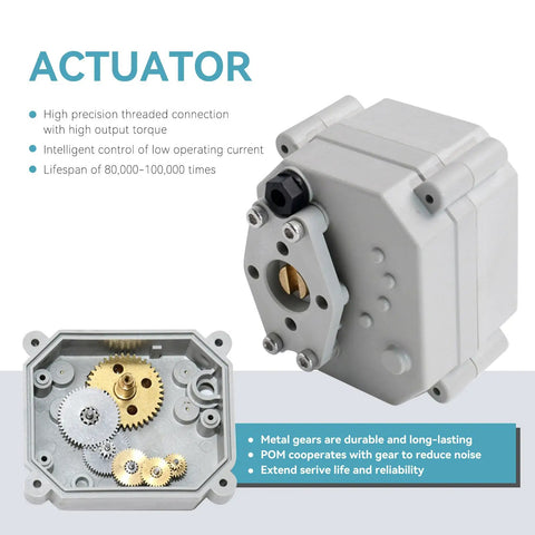 Actuator of 2 Way Motorized Ball Valve 1 Inch DN25 Stainless Steel Electric Water Valve 110VAC with metal gears visible