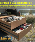 Built Tough Heavy Duty 36 Inch Full Extension Drawer Slides With Ball Bearing Rails, 300 Pound Capacity, Steel Construction For Smooth, Effortless Drawer Operation On Heavy Load Cabinets installed on open wood drawers