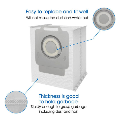 Close-up of 14 Pack Roomba Compatible Vacuum Bags For I7 I7 Plus And Series I3 I4 I6 I7 J7 J7 Plus I8 Plus S9 S9 Plus Automatic Dirt Disposal Replacement Bags with leak-proof collar.