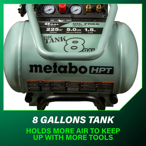 The Tank 8 Gallon Trolley Air Compressor With 225 PSI, front view showing gauges and branding, suitable for pro nailers