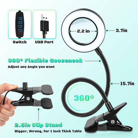 10X Lighted Magnifying Glass With Clip On Mount 48 LED Desk Magnifier showing gooseneck and clamp features