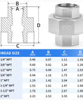 304 Stainless Steel Pipe Fitting Union One Half Inch NPT Female Thread Adapter Four Pack Heavy Duty thread sizes diagram