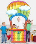 Children posing with Hot Air Balloon Photo Booth Props Two Piece Set With Colorful Backdrop Banner For Graduation Parties And Baby Showers