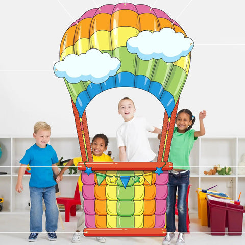 Children posing with Hot Air Balloon Photo Booth Props Two Piece Set With Colorful Backdrop Banner For Graduation Parties And Baby Showers
