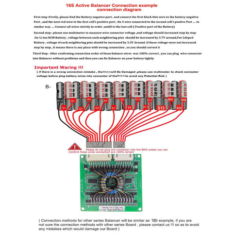 16S Active Balancer connection diagram for Top Tier 16S LiFePO4 Active Balancer Module Designed For 48V Lithium Battery Energy Transfer With 5A Amp Equalization.