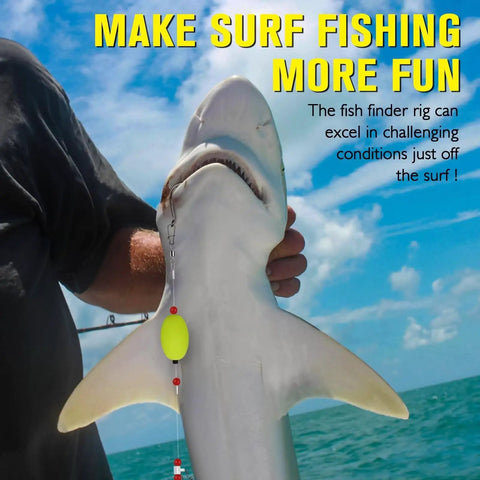 Person holding shark caught with Fish Finder Surf Rig With Float 20.5 Inch 90 Lb Tackle For Shark Bluefish Striper Stripers.