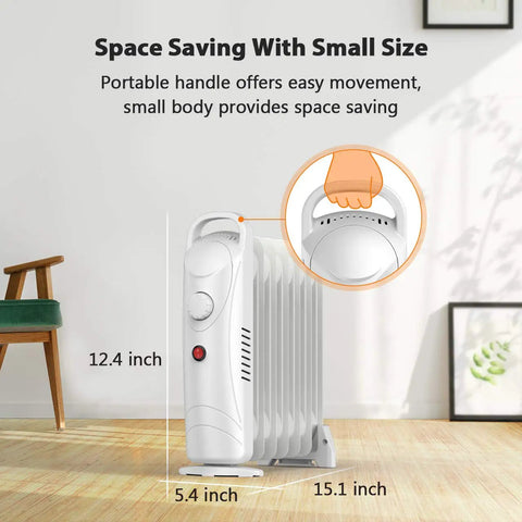 700W Portable Oil Radiator Heater For Small Rooms And Desks, Silent Office Space Heater with handle, dimensions shown