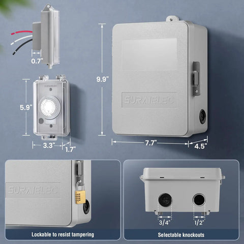 Heavy Duty 240 Volt Pool Pump Timer With 1000 Ft RF Remote Control Weatherproof Outdoor Switch, dimensions with lock and knockouts.