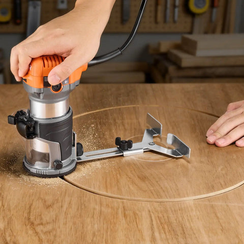 Heavy Duty One Horsepower Wood Router And Palm Edge Trimmer With Variable Speed Control From Ten Thousand To Thirty Two Thousand RPM Plus Four Inch Plunge Travel and Three Swap Bases in use on wood.