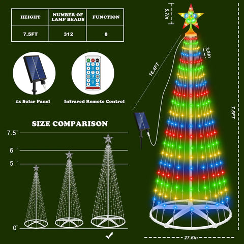 7.5ft LED Christmas tree light display with infrared remote and solar panel, 312 lamp beads, star topper, size comparison diagram