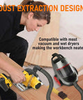 Heavy Duty Cordless Circular Saw With Slick 6 Inch Blade Compatible With Dewalt 20V Max System No Battery Included Portable Case And Precision Guide For Clean Wood And Pvc Cuts Built Tough No Sweat in use with vacuum attachment for dust extraction.