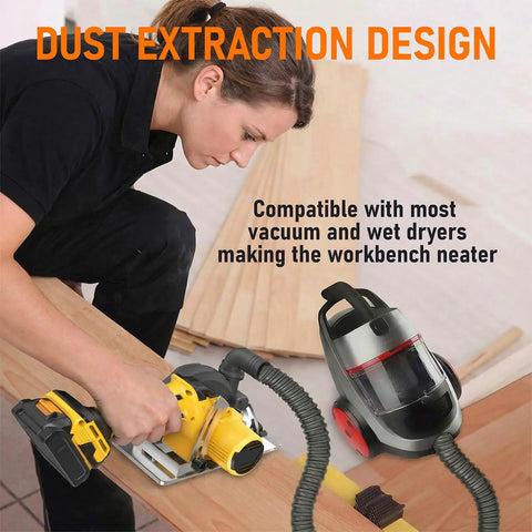 Heavy Duty Cordless Circular Saw With Slick 6 Inch Blade Compatible With Dewalt 20V Max System No Battery Included Portable Case And Precision Guide For Clean Wood And Pvc Cuts Built Tough No Sweat in use with vacuum attachment for dust extraction.