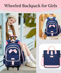 Girls Rolling Backpack Set Three Piece With Bowknot Design Wheels And Lunch Tote Handbag Trolley Bag in blue with pink accents