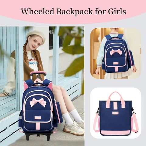 Girls Rolling Backpack Set Three Piece With Bowknot Design Wheels And Lunch Tote Handbag Trolley Bag in blue with pink accents