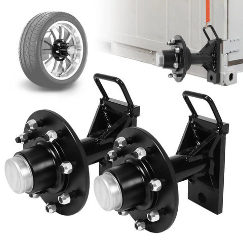 Heavy Duty Shipping Container Caster Wheels 8x6.5 Lug Set With Bulletproof Steel Axles, dual axle assemblies for massive load support.