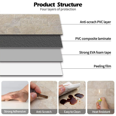 Beige Stone PVC Peel And Stick Wall Tiles 30cm X 30cm 3D Self Adhesive Backsplash layers and features for kitchen and bathroom.