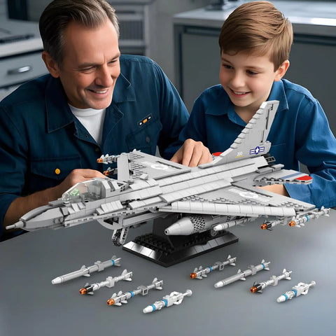 Father and son assembling F-16 Fighter Jet Building Set With 1377 Pieces, Dope Display Stand, Retractable Landing Gear