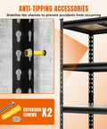Beefy Heavy Duty Metal Garage Shelves 5-Tier Storage Rack With 2000 Lb Capacity, Adjustable Kitchen Pantry Basement Organizer, Black Steel Shelving Unit For Tools And Cans, Durable Built In Ribs, 59 In H By 28 In W By 12 In D anti-tipping bracket and expansion screws