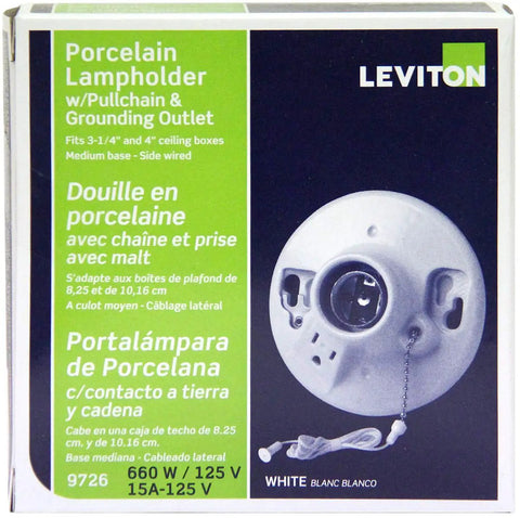 Packaging of Porcelain Lampholder For Outlet Box Mount With Pull Chain Top Wire 9726C showing product details and features.
